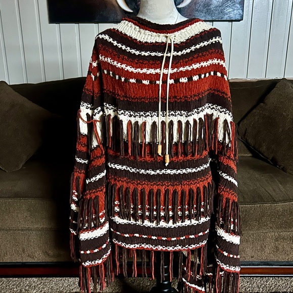 Vintage • Southwestern• Alpaca Fabric • Brown/Beige • One Size • Fringe • Poncho - Picture 13 of 14